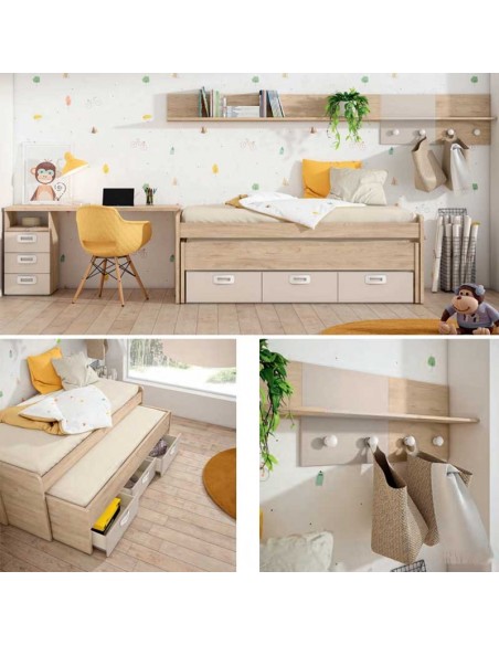 Dormitorio infantil con compacto, armario y zona de estudio.