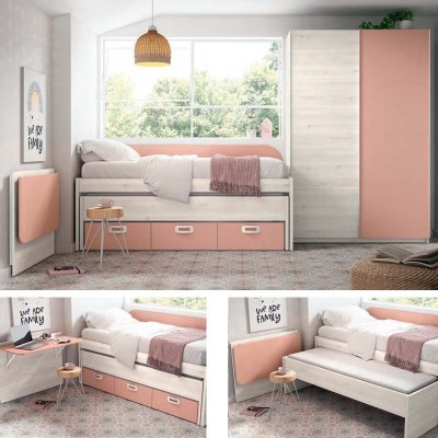 Dormitorio juvenil con cama compacta, escritorio plegable y armario