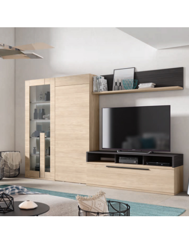 Composición de salón mueble tv, vitrina y estante