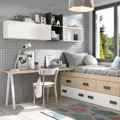 Dormitorio juvenil: cama compacta, armario, escritorio